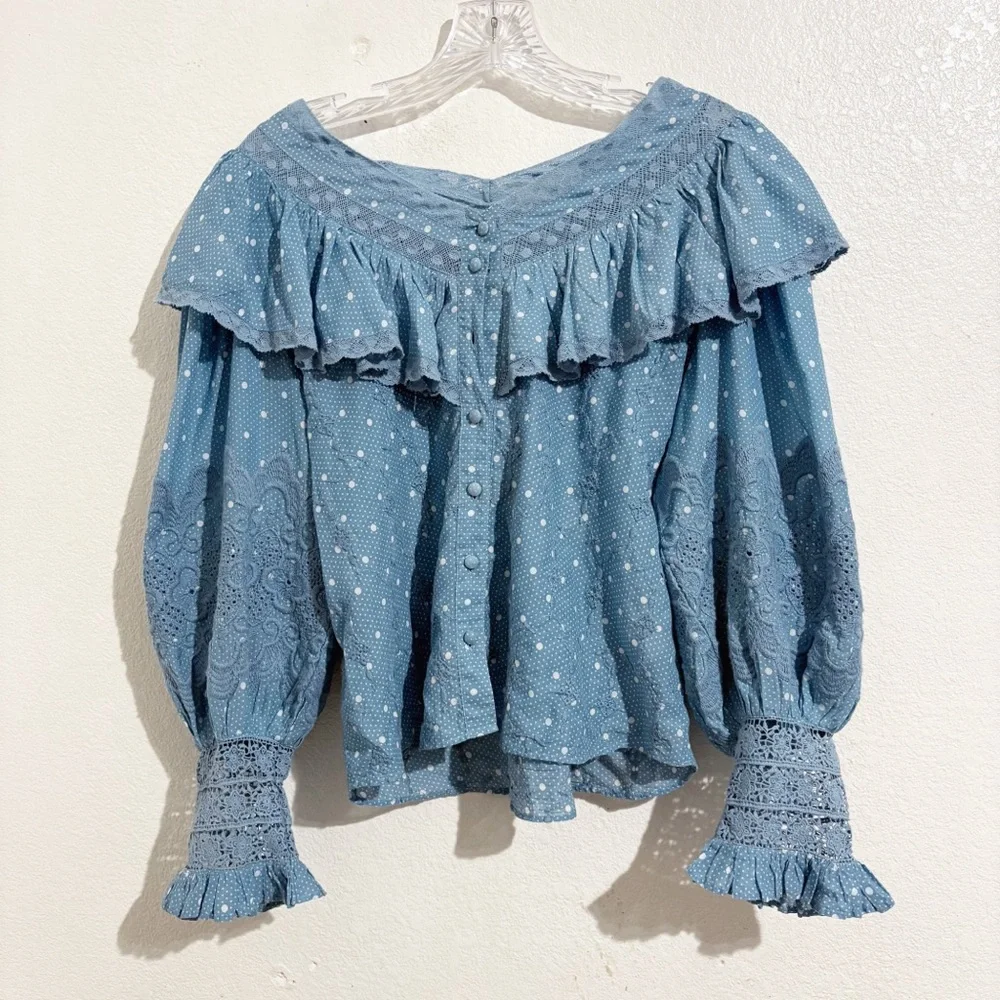 LoveShackFancy Bunnie Broderie Anglaise Lace Ruffle Blouse Blue Bonnet Polka Dot